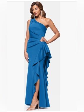 Xscape Teal One Shoulder Ruffle Gown SZ 12 NWT Formal Dress Evening GALA NYE MOB